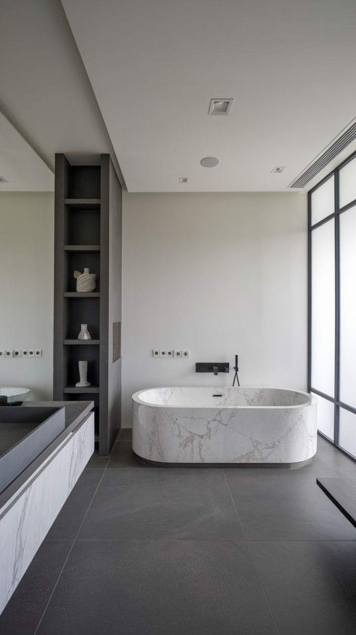 This contemporary bathroom exudes a serene elegance with its minimalist design, showcasing a stunning freestanding bathtub crafted from pristine white marble, elegantly framed by a dark grey rim that adds a touch of sophistication. The tall, dark grey shelf beside the tub artfully displays a curated selection of decorative items, enhancing the room's modern aesthetic. Underfoot, the large dark grey tiles create a cohesive foundation, while the frosted glass window allows soft, diffused light to filter in, illuminating the space without compromising privacy. Recessed lighting in the white ceiling casts a gentle glow, making this bathroom a tranquil retreat for relaxation and rejuvenation.