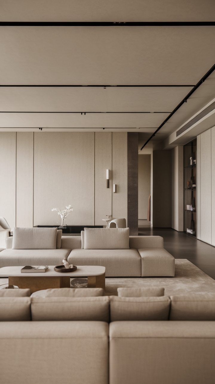 A stunning example of contemporary minimalism, this living room captivates with its sleek decor and thoughtfully chosen minimalist furniture. The neutral tones, enriched by delicate textures, foster a calming ambiance, while the open space and clean lines promote a sense of freedom and tranquility, making it an ideal sanctuary for modern living.
