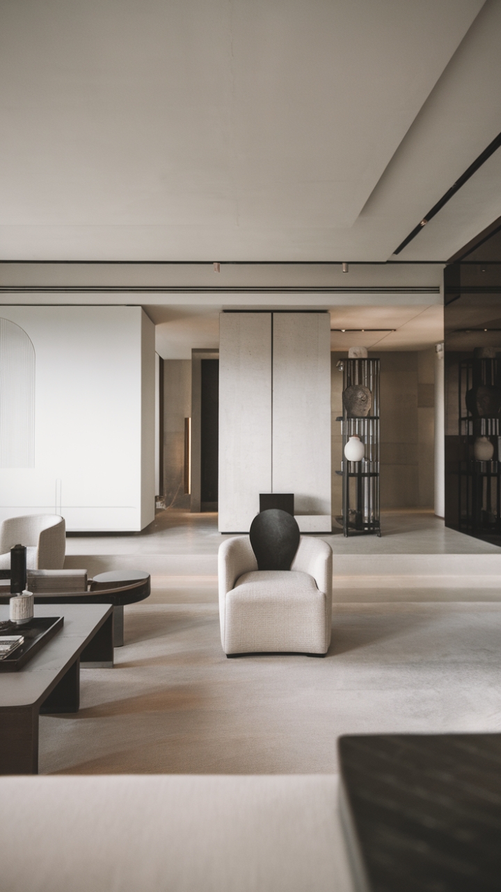 A stunning example of contemporary minimalism, this living room showcases a refined approach to interior design with its sleek furniture and harmonious color palette. The interplay of whites, grays, and blacks creates a tranquil atmosphere, while the open layout emphasizes the beauty of simplicity. Clean lines define the space, and the careful selection of textures in the decor adds a layer of sophistication, ensuring that every element contributes to a cohesive and inviting environment.