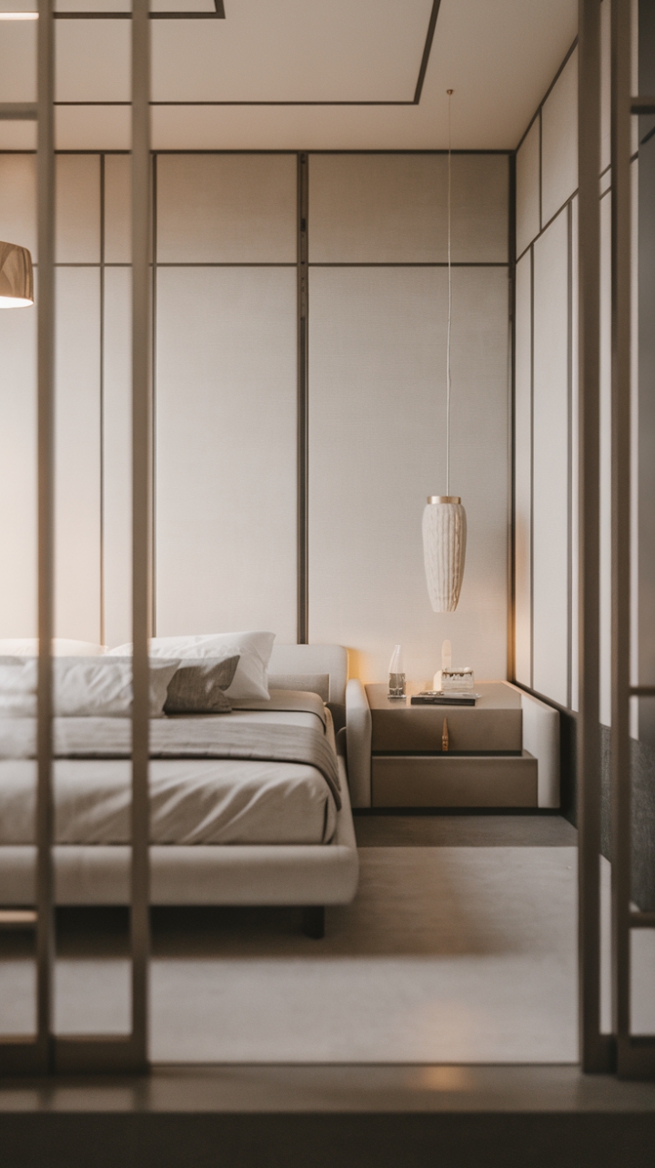 Embracing the essence of modern living, this minimalist bedroom showcases a refined aesthetic with its understated decor and soothing color scheme. The thoughtfully arranged furniture enhances the room's spacious feel, while the lack of clutter allows for a peaceful atmosphere, making it an ideal sanctuary for rest and rejuvenation.