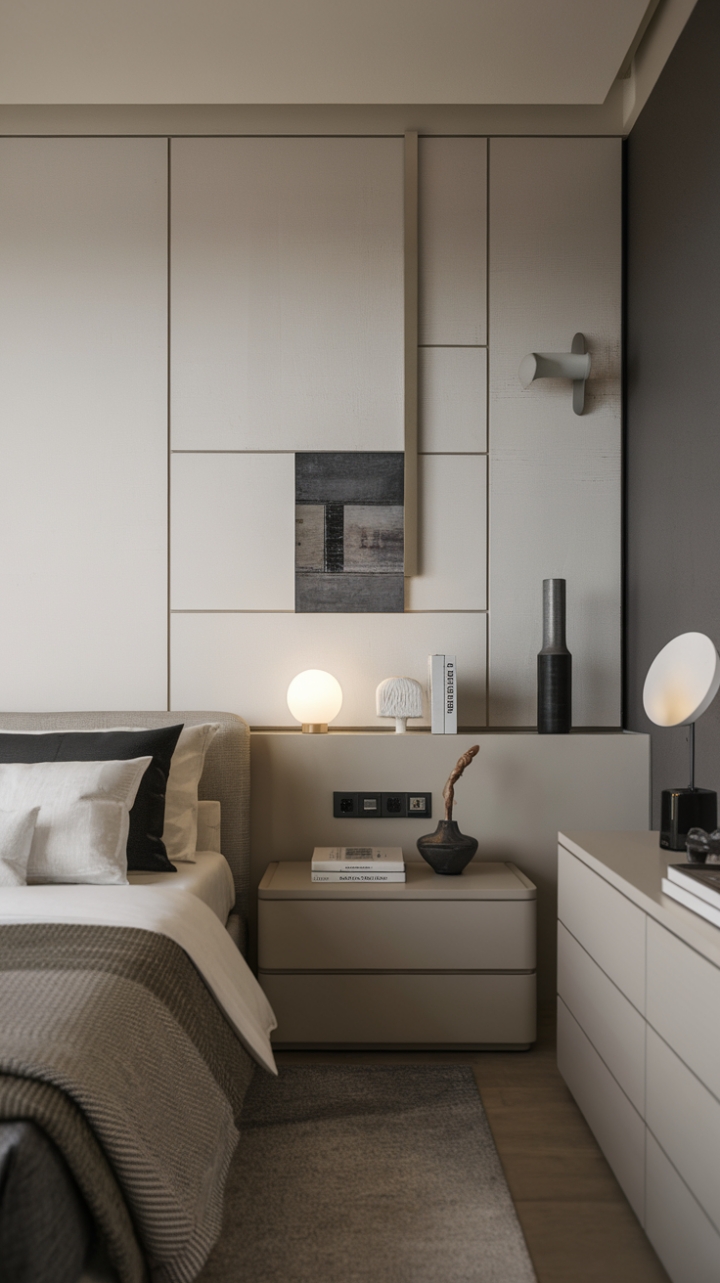 A sanctuary of calm, this contemporary minimalist bedroom showcases a refined palette of whites, grays, and blacks that fosters a sense of peace and simplicity. The furniture, characterized by its sleek and uncomplicated design, includes a modern bed, a chic nightstand, and a stylish dresser, all contributing to the room's uncluttered aesthetic. Subtle decorative touches on the walls and nightstand add a hint of character, enhancing the serene atmosphere that envelops the space, making it an ideal haven for rejuvenation and tranquility.
