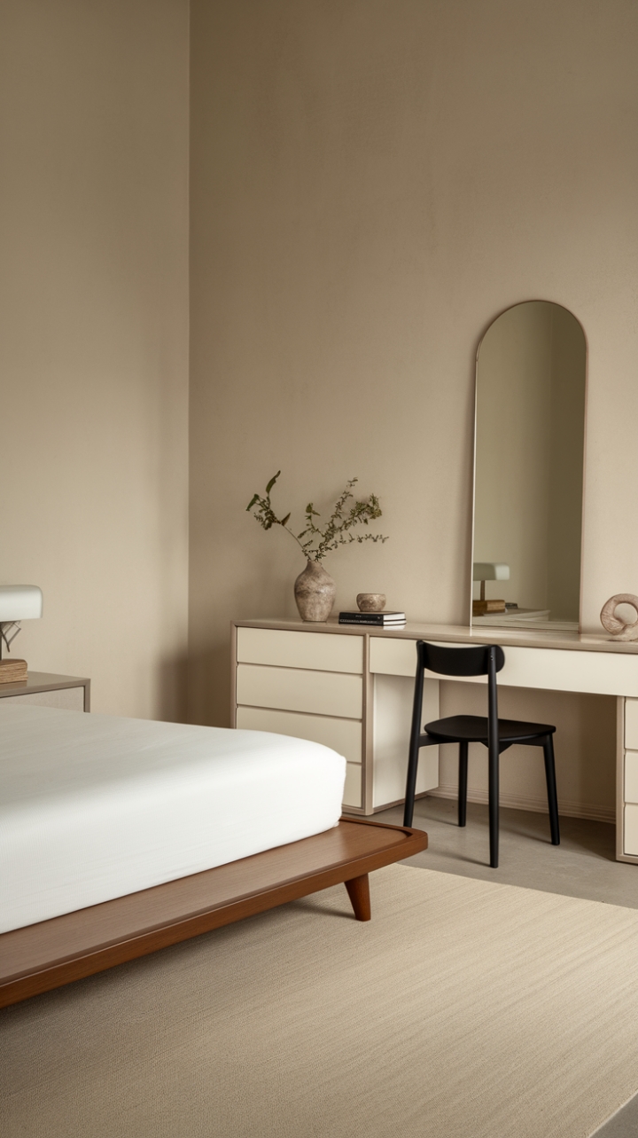 This serene contemporary minimalist bedroom invites tranquility with its soothing neutral palette. The queen-size bed, framed in warm wood, pairs beautifully with the crisp white mattress, creating a focal point that exudes comfort. A sleek white dresser, topped with a mirror, reflects the soft lighting that bathes the space in a gentle glow, while a striking black chair adds a touch of modern sophistication. The beige walls and plush rug harmonize seamlessly, crafting an oasis of calm that is both stylish and inviting.