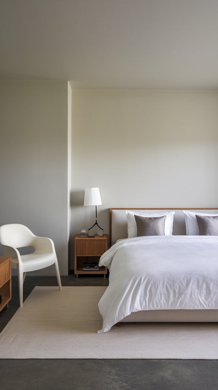 Embracing the essence of contemporary minimalism, this bedroom showcases a harmonious blend of comfort and style, featuring a king-sized bed draped in a pristine white duvet and accented with two inviting grey pillows. The wooden nightstand, paired with a tasteful lamp, offers both functionality and charm, while a sleek white chair near the bed invites moments of quiet reflection. The light grey walls envelop the room in a calming embrace, contrasting beautifully with the dark grey concrete flooring, creating a sophisticated yet serene retreat that embodies modern living at its finest.