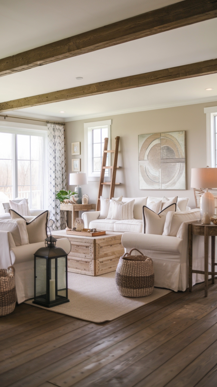 This contemporary farmhouse living room beautifully marries rustic charm with modern elegance, creating a serene retreat that invites relaxation. The neutral color palette enhances the soothing ambiance, while carefully selected farmhouse-style furniture adds warmth and character. Vintage accents, like a charming lantern and a weathered wooden ladder, infuse the space with a touch of nostalgia, while art pieces on the walls provide a personal flair. The reclaimed wood floor adds an organic touch, grounding the room in a cozy country living atmosphere that feels both inviting and stylish.