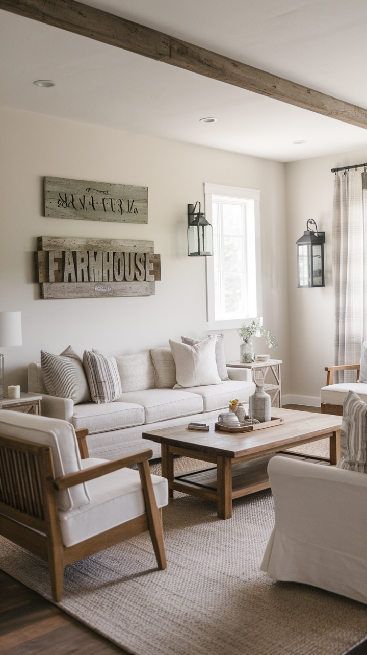 This contemporary farmhouse living room exudes a warm and inviting atmosphere, where rustic modern decor takes center stage. The carefully selected farmhouse-style furniture, including a beautifully crafted wooden sofa and chair, invites comfort and conversation, while the wooden coffee table adds a touch of natural elegance. Vintage farmhouse accents, such as a charming lantern and a rustic wooden sign, adorn the white walls, creating a delightful contrast against the neutral color palette of wood, soft whites, and a cozy beige rug. A stunning reclaimed wood decor piece above the sofa highlights the room's minimalist farmhouse design, showcasing clean lines and simple shapes that come together to create a serene and stylish retreat.