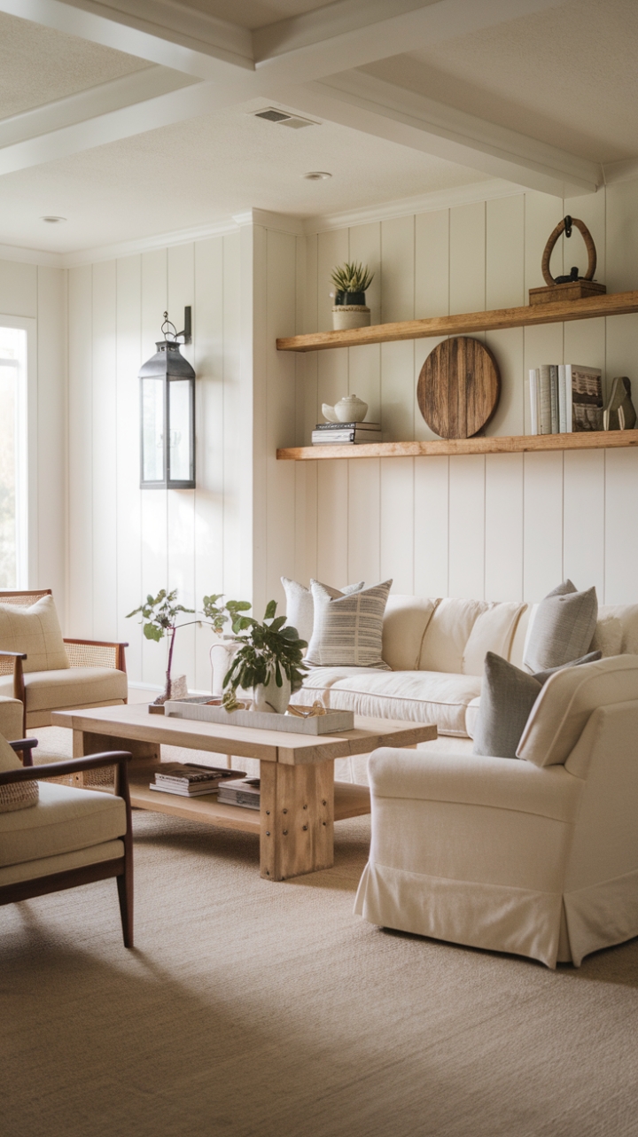 This contemporary farmhouse living room beautifully marries rustic charm with modern elegance, creating a serene retreat that invites relaxation. The neutral color palette, featuring crisp white walls and soft beige carpeting, sets a tranquil backdrop for light wood furniture that exudes warmth. A cozy sofa and thoughtfully arranged chairs surround a stylish coffee table adorned with a lush plant and tasteful decor, while a vintage lantern and reclaimed wood accents add character and history to the space. The minimalist design is enhanced by a wooden shelf above the sofa, showcasing curated decor pieces, all bathed in warm, inviting lighting that enhances the room's welcoming atmosphere.