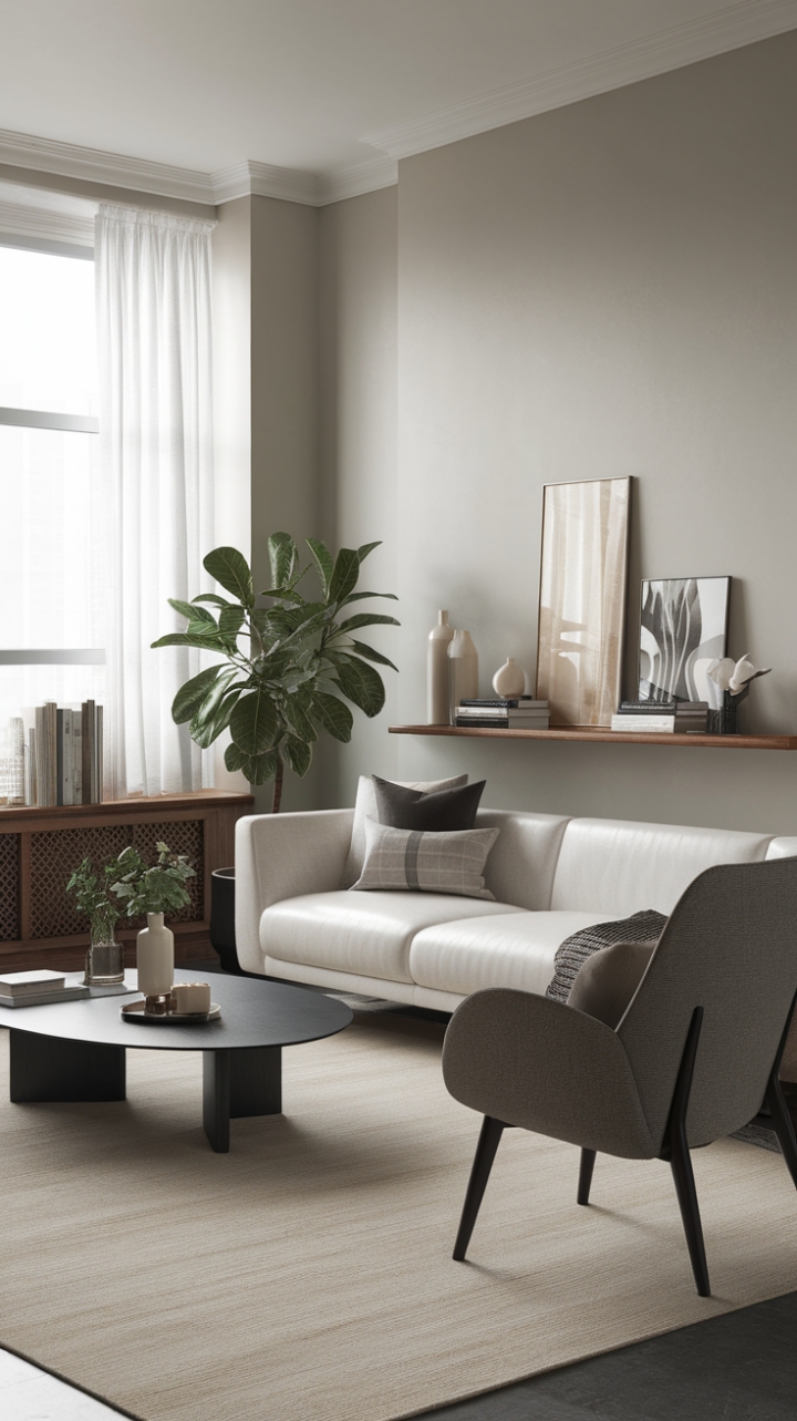 Modernity meets tranquility in this chic living room. Clean lines, a neutral palette, and pops of greenery combine to craft a space that's both stylish and incredibly inviting. The perfect blend of form and function for the discerning homeowner.