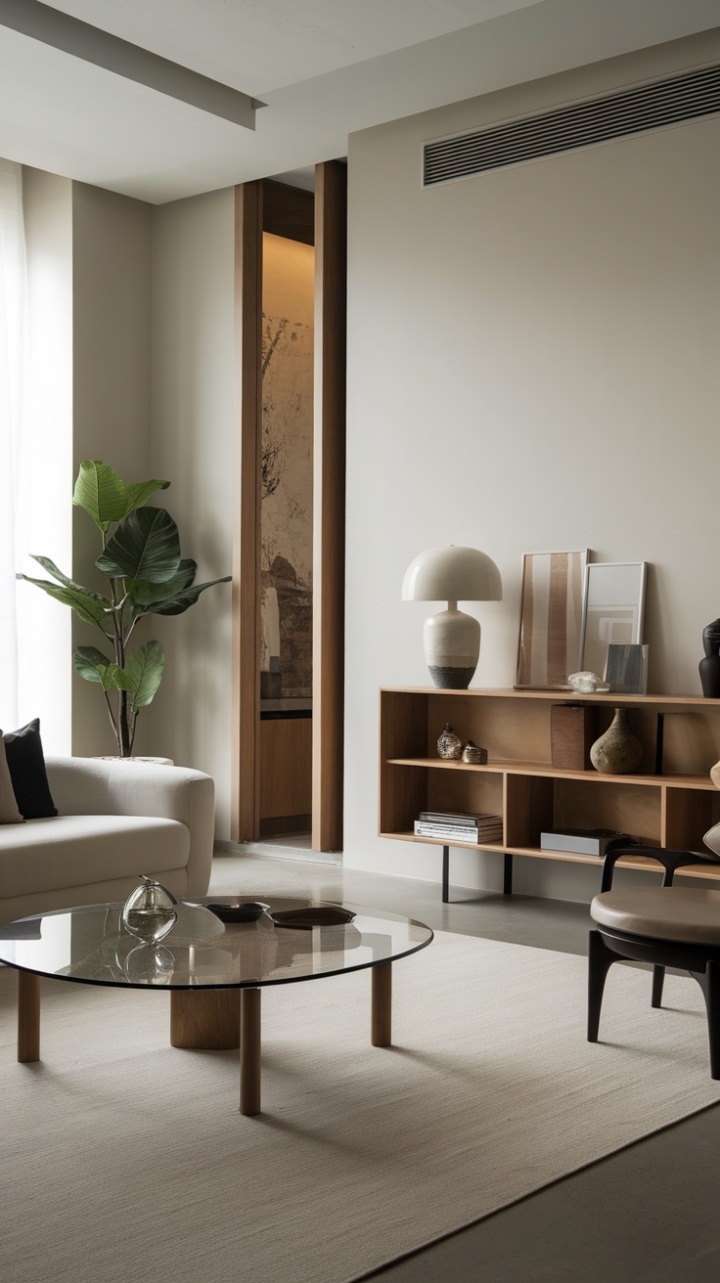 A harmonious blend of modern design and minimalist aesthetics defines this stunning living room, where a white sofa adorned with subtle cushions serves as the centerpiece. The glass-topped coffee table reflects the light, while a potted plant introduces a refreshing touch of nature. A wooden shelf displays a few select decorative pieces, adding character to the pristine white walls. The beige rug underfoot offers warmth, creating an inviting atmosphere that perfectly captures the essence of chic urban living, where simplicity meets sophistication.