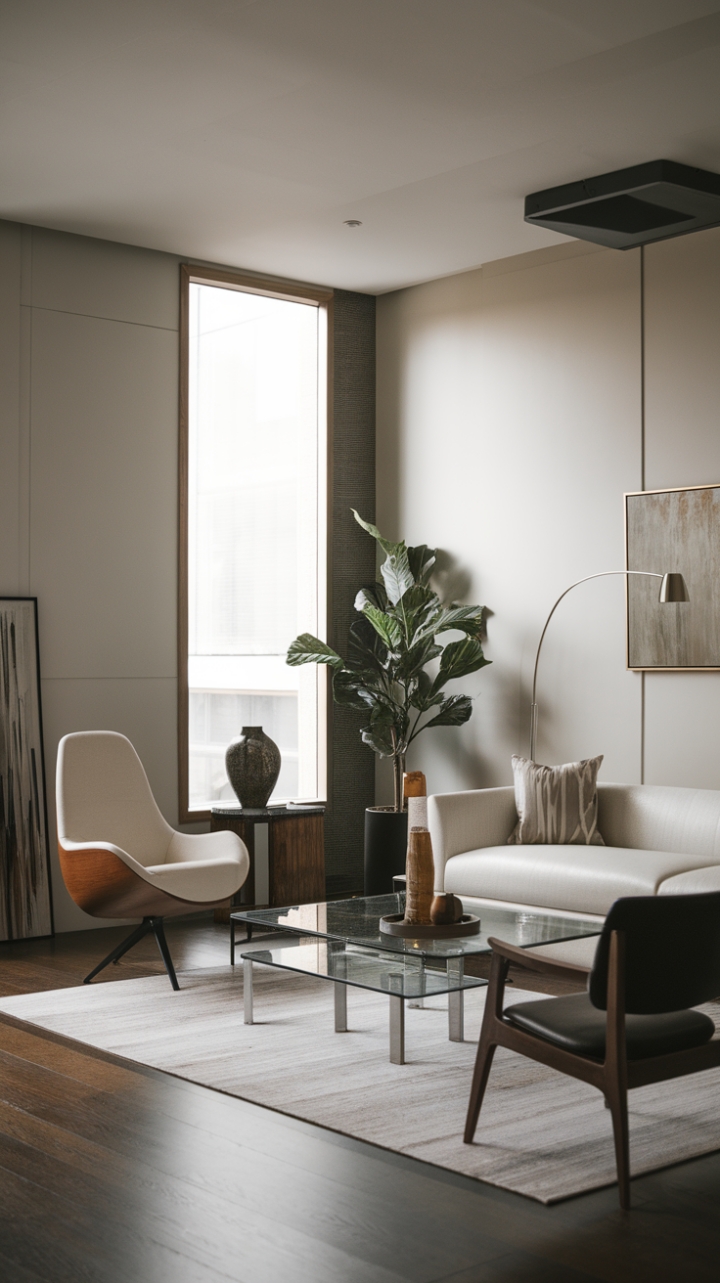 Unwind in this urban sanctuary, where minimalist chic meets contemporary comfort. Sleek white sofas, a glass coffee table, and dark wood floors create a sophisticated backdrop for moments of quiet contemplation. A touch of greenery and carefully curated art complete the look.