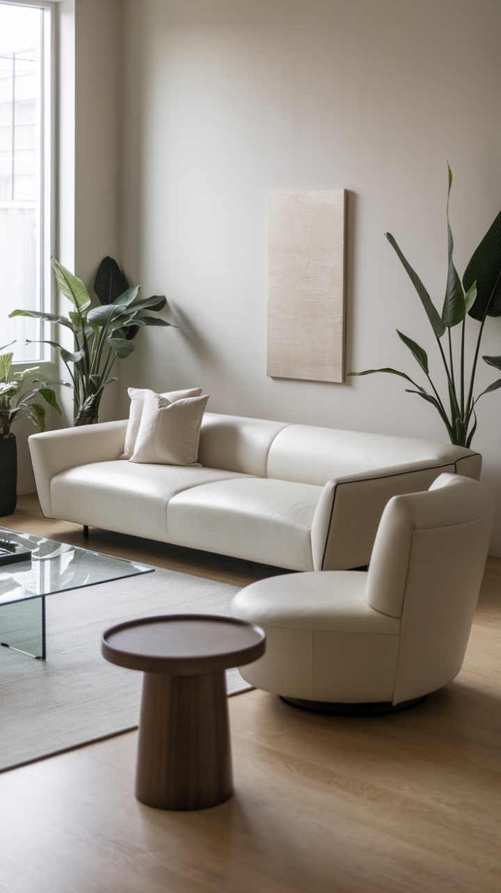 Unveiling serenity: This minimalist haven, bathed in natural light, showcases the beauty of simplicity. Clean lines, a pristine white palette, and the warmth of natural wood create a sanctuary of calm and sophistication. The perfect blend of form and function, this space is an ode to modern living.
