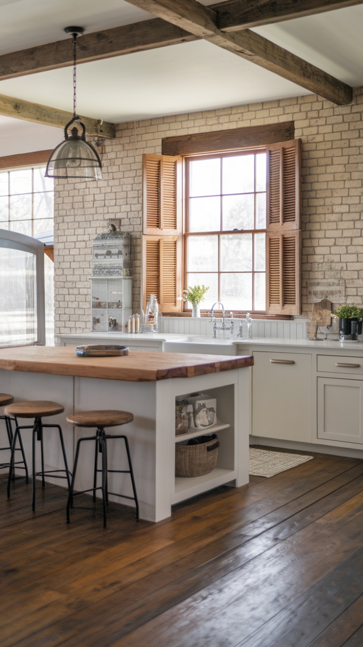 Rustic charm meets modern sophistication in this breathtaking open-concept kitchen. Exposed brick walls, a reclaimed wood floor, and a substantial butcher block island create a warm and inviting atmosphere, while sleek lines and contemporary fixtures add a touch of polished elegance. The vintage farmhouse detail above the sink is the perfect finishing touch, adding a layer of character and history.