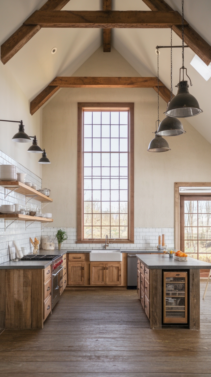 Imagine yourself in this sun-drenched kitchen, the scent of freshly baked bread mingling with the warmth of reclaimed wood. Grey concrete countertops offer a cool contrast to the vintage farmhouse cabinets, while industrial-style pendants cast a dramatic glow. The open concept and high ceilings create a sense of spaciousness and airy elegance, making this kitchen the heart of a truly stunning home.