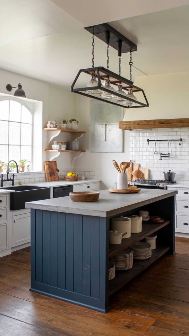 Where modern minimalism meets rustic charm. A deep blue island, topped with raw concrete and adorned with vintage finds, anchors this dream kitchen. White cabinetry and reclaimed wood flooring create a bright, airy space, while industrial accents add a touch of edgy sophistication. The perfect blend of old and new for the contemporary farmhouse lover.