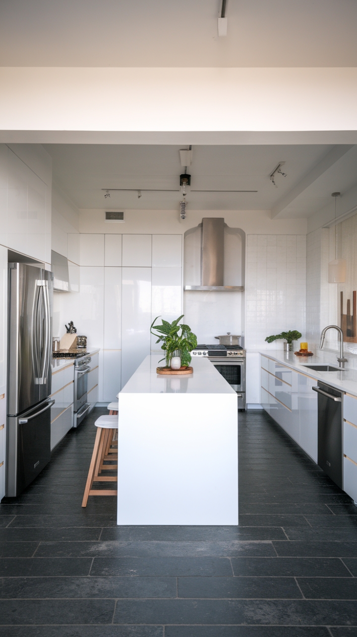 Imagine waking up to this: a bright, airy kitchen where modern design meets serene simplicity. The all-white aesthetic is anything but sterile; instead, it's a canvas for the subtle drama of contrasting textures and the quiet beauty of natural light, perfectly complemented by the industrial chic of the stainless steel appliances and the grounding presence of the dark grey tile floor.
