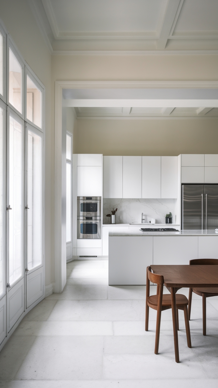 In this striking modern kitchen, a palette of whites and subtle textures converge to create a serene culinary oasis. The pristine marble countertop and stainless steel appliances shine against the backdrop of minimalist cabinetry, while the white island with its built-in stove serves as a focal point for both cooking and conversation. Large windows bathe the room in natural light, highlighting the spaciousness of the design, while a simple wooden dining table with two elegant chairs introduces an inviting element, perfect for casual meals or intimate gatherings.