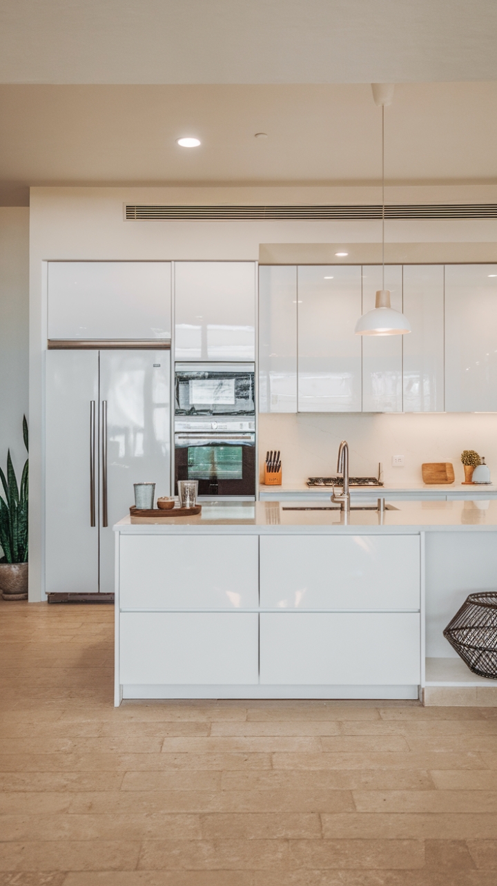 Imagine waking up to this: bright, airy, and impeccably styled. This open-concept kitchen is a testament to sophisticated simplicity. The seamless integration of white cabinetry, stainless steel accents, and a calming color palette creates a haven of calm and functionality. Every detail, from the pendant lighting to the thoughtfully placed plant, speaks to a curated aesthetic that's both inspiring and inviting.