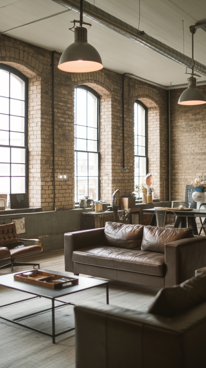 This open-concept living space is a masterclass in minimalist industrial design. The raw material aesthetic-exposed brick, metal accents, and reclaimed wood-is balanced by clean lines and a curated selection of furniture, creating a space that's both edgy and inviting. The result? An urban sanctuary that's as stylish as it is functional.