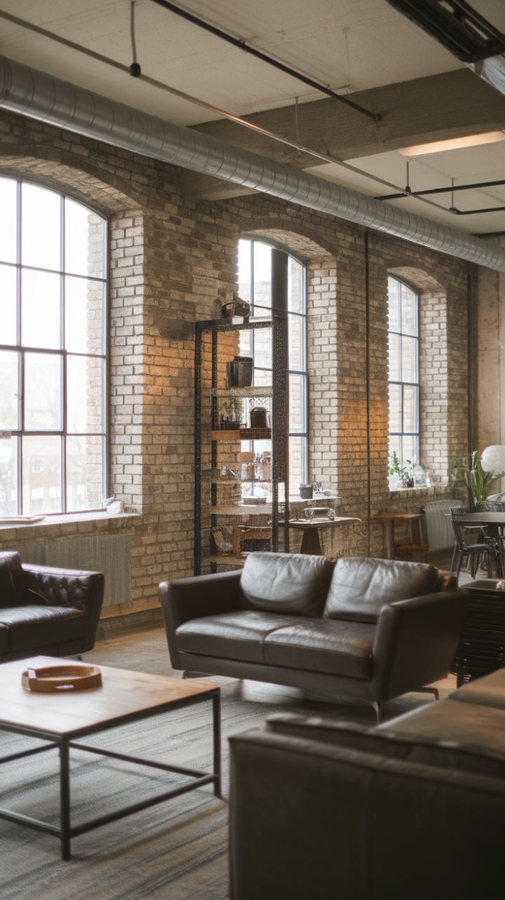 This contemporary industrial living room exudes urban sophistication with its striking blend of raw materials and minimalist design. The exposed brick walls provide a rugged backdrop, while sleek metal and warm wood furniture create a harmonious balance of textures. Industrial lighting fixtures cast a warm glow, enhancing the open concept layout that invites both relaxation and social interaction. Every element in this space speaks to a modern loft aesthetic, making it a perfect sanctuary for those who appreciate the beauty of simplicity and the charm of urban living.