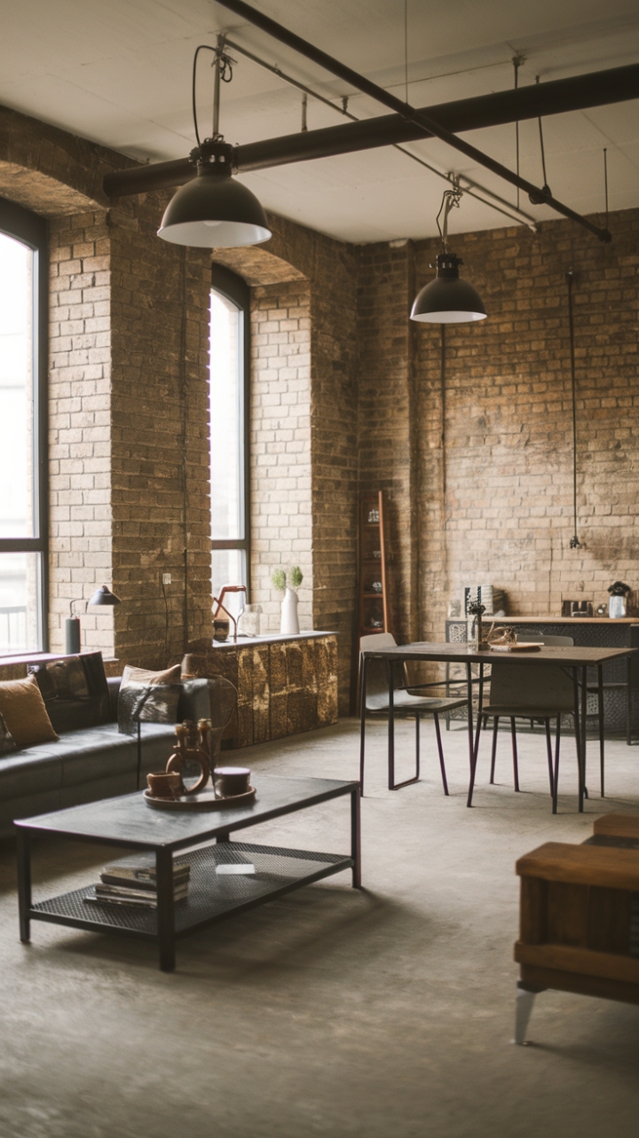 This contemporary industrial living room exudes urban sophistication, where minimalist design meets raw charm. The exposed brick walls serve as a striking backdrop to the sleek metal and wood furniture, creating a harmonious blend of textures that define the space. A plush sofa invites relaxation, while a stylish coffee table anchors the room, adorned with carefully curated decorative items that add a personal touch. The industrial lighting fixtures cast a warm glow, enhancing the open concept layout and highlighting the rugged beauty of the raw material flooring, making this living area a perfect sanctuary for modern city dwellers.