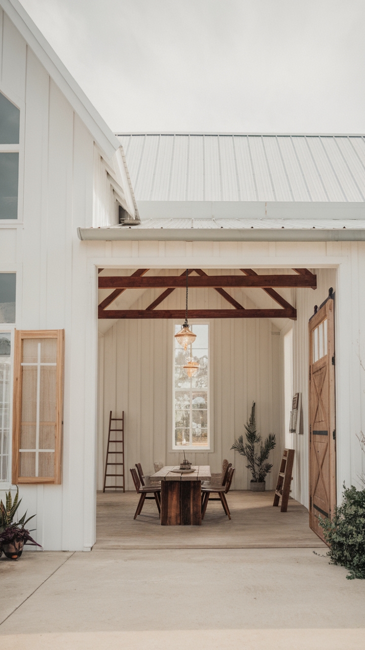 This modern rustic farmhouse embodies a harmonious blend of simplicity and charm, showcasing a pristine white exterior that invites natural light through expansive windows. The warm wooden door serves as a welcoming focal point, while the sleek metal roof adds a contemporary touch. Inside, the minimalist design shines with a thoughtfully arranged living area featuring a rustic wooden table and chairs, complemented by a vintage light fixture that casts a warm glow. Exposed wooden beams create an inviting atmosphere, and the polished concrete floor grounds the space in understated elegance. A few carefully placed potted plants and a wooden ladder enhance the serene ambiance, making this home a perfect retreat from the hustle and bustle of everyday life.