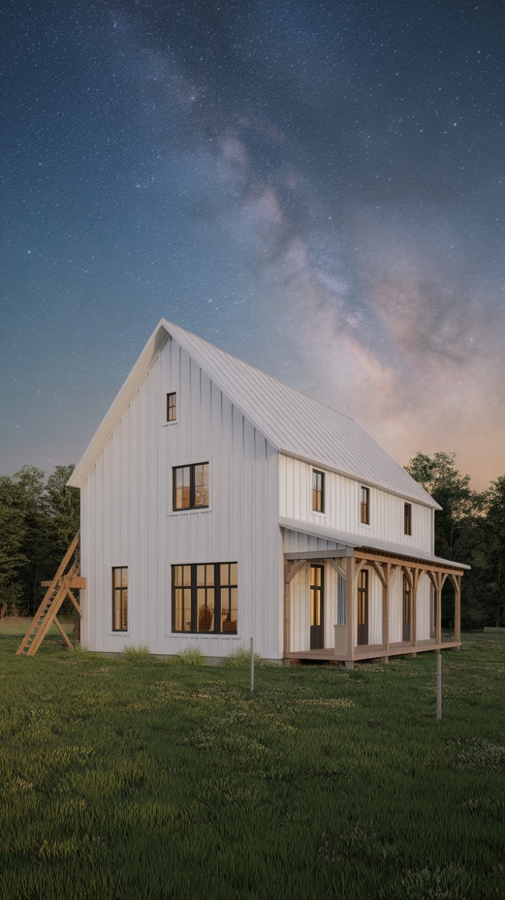 Where modern minimalism meets rustic charm, under a blanket of a thousand stars. This white farmhouse, accented by striking black windows and nestled in a vibrant green field, whispers tales of tranquil evenings and cozy nights. The simple wooden ladder adds a touch of unexpected whimsy, inviting you to explore the wonders within.