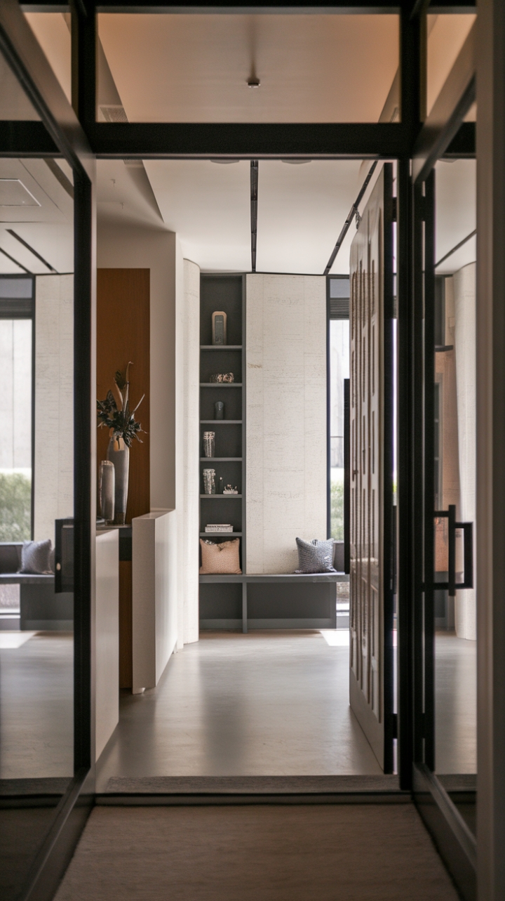 Unveiling urban chic: This contemporary foyer's minimalist hallway and sleek entrance set the stage for a stylish home. The trendy reception area flows seamlessly into a chic mudroom, creating a sophisticated yet practical space. A perfect blend of form and function for the modern dweller.