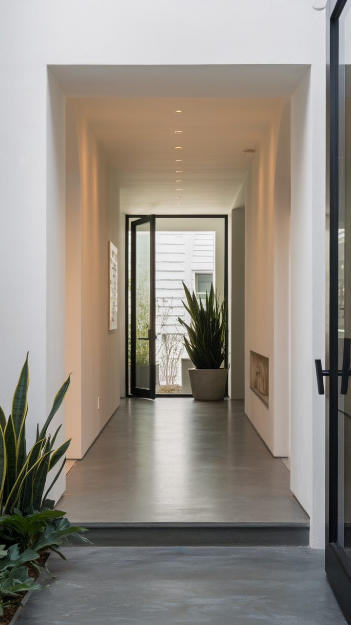 Urban chic meets minimalist serenity in this contemporary foyer. Clean lines, a polished concrete floor, and the subtle greenery of potted plants create a welcoming yet sophisticated entrance to any modern home. The bright, airy space is the perfect blend of style and functionality, setting the tone for the entire residence.