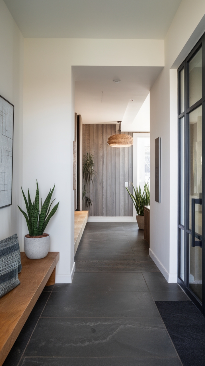 Modernity redefined. This stylish entryway boasts a chic mudroom and trendy reception area, seamlessly blending urban sophistication with practical design. The minimalist hallway, clad in crisp white walls and dark grey tiles, leads the eye deeper into this captivating home, promising a journey through impeccable taste.