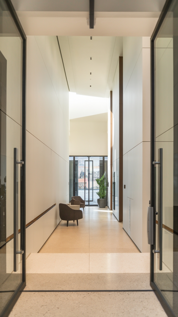Unveiling a vision of modern serenity: This contemporary foyer's minimalist hallway and stylish reception area create an immediate sense of calm. The interplay of crisp white walls, sleek black accents, and warm beige tile flooring sets a sophisticated tone, while carefully chosen seating and greenery add a touch of inviting warmth. A perfect blend of form and function, this space promises a welcoming arrival.