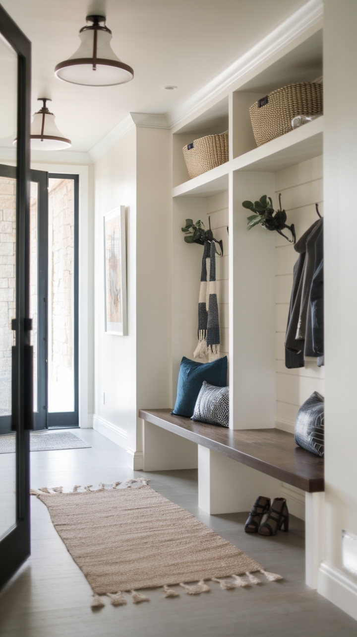 Unveiling a sanctuary of streamlined style: This contemporary entryway, a study in minimalist chic, seamlessly blends form and function. The sleek mudroom and chic foyer create an immediate sense of calm and sophistication, setting the tone for the home beyond.