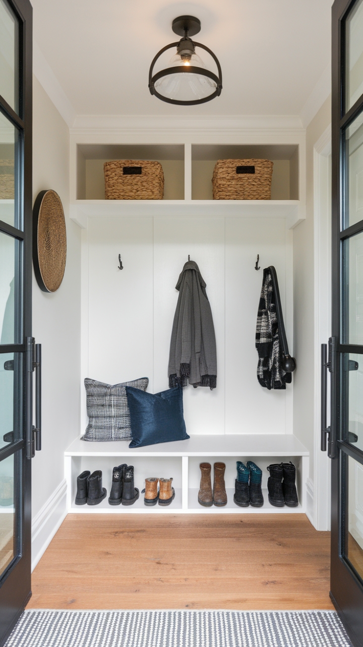 Unveiling a sanctuary of streamlined sophistication: This contemporary entryway redefines minimalist chic, where a sleek mudroom seamlessly flows into a hushed hallway, promising a tranquil welcome. The polished vestibule beckons, a testament to understated elegance.