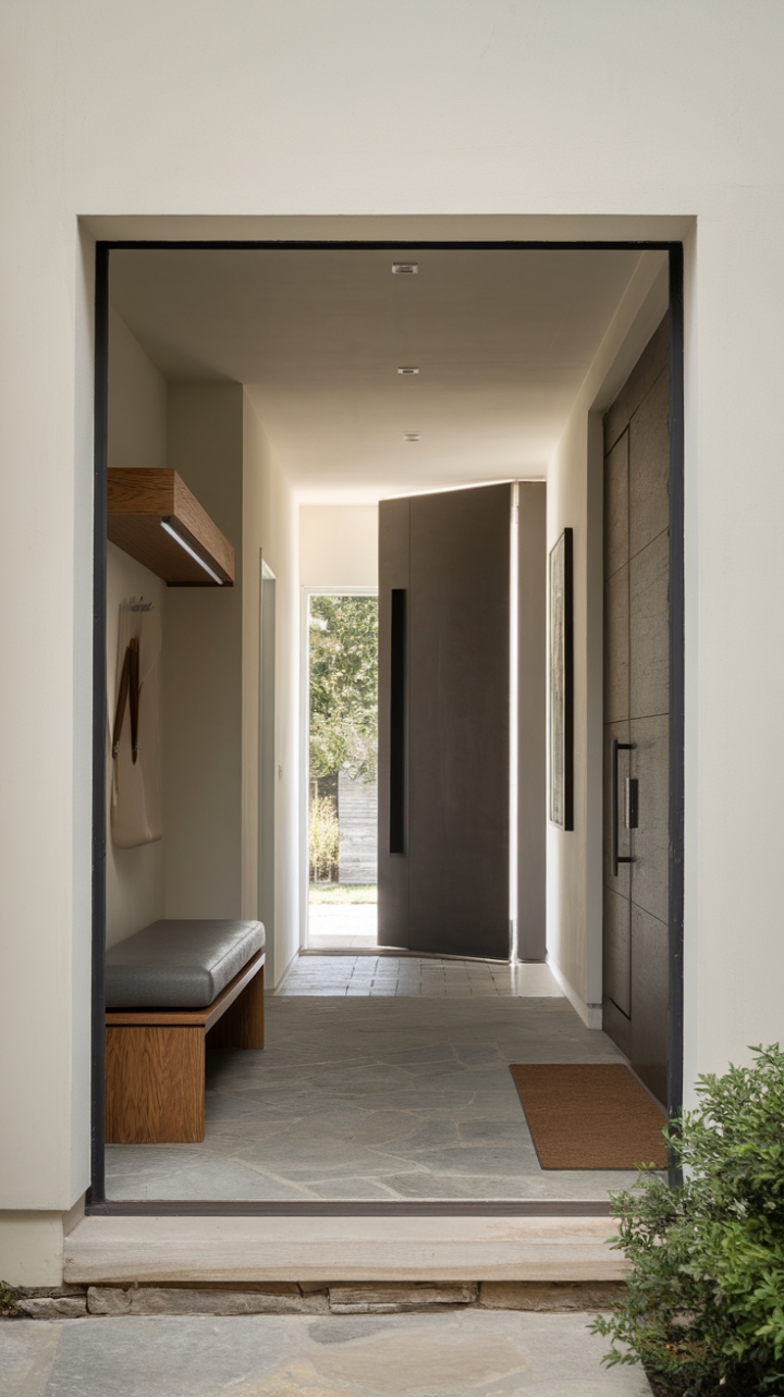 This contemporary entryway exudes a serene sophistication, where minimalist design meets functional elegance. The sleek lines of the modern foyer create an inviting atmosphere, complemented by a stylish mudroom that seamlessly blends practicality with aesthetics. A chic bench offers a perfect spot to pause, while a thoughtfully designed coat rack adds a touch of organization to the space. The neutral-hued walls enhance the airy feel, and the stone flooring grounds the design with a natural texture, making this hallway a harmonious introduction to the home.