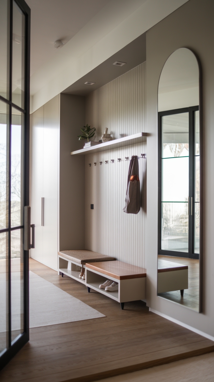 Modern minimalism meets refined comfort in this chic hallway. The neutral color scheme, punctuated by subtle grey and beige tones, creates a calming and inviting atmosphere. A large mirror maximizes light and space, while a thoughtfully placed bench and shelf offer both practicality and style. The hardwood floors and sleek lines complete this picture of contemporary sophistication.