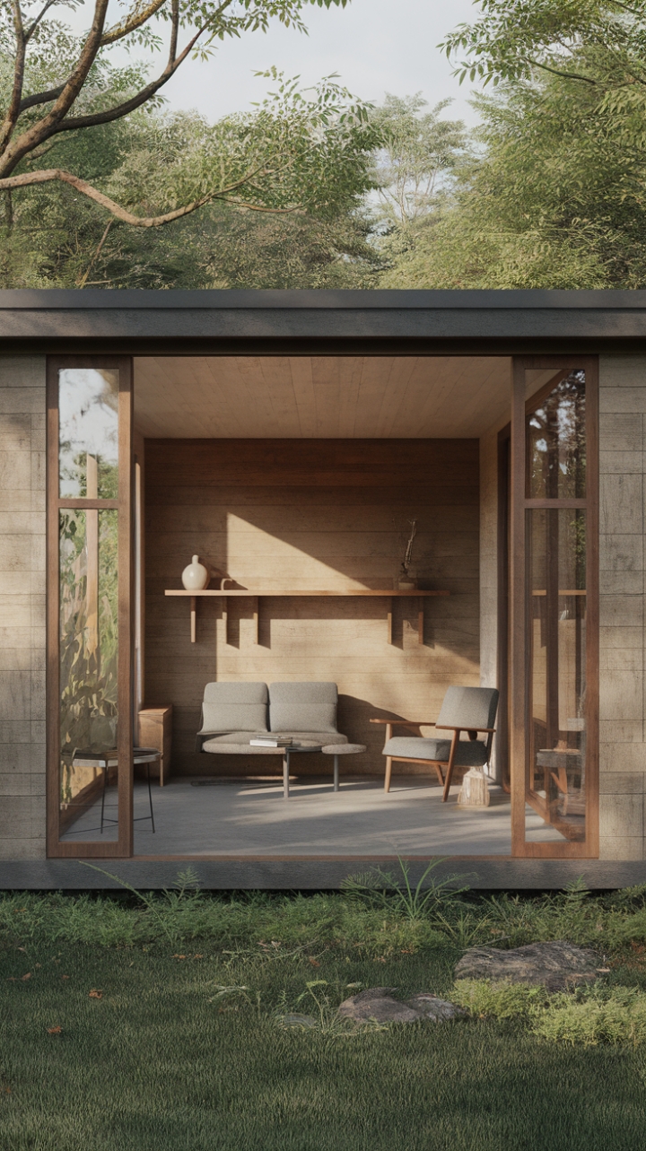 Embrace the serenity of modern rustic living. Sunlight streams through expansive windows, illuminating a minimalist interior where raw wood walls meet sleek concrete floors. A curated collection of furniture-a plush sofa, inviting chair, and simple table-creates a haven of calm amidst a vibrant green landscape.