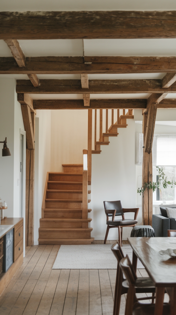 Nestled in a serene landscape, this contemporary cottage exudes charm with its rustic interior that beautifully marries simplicity and warmth. The minimalist design showcases a stunning wooden dining table paired with a few thoughtfully chosen chairs, creating an inviting space for gatherings. A plush sofa beckons for relaxation, while the striking wooden staircase adds a touch of architectural interest. Exposed wooden beams grace the walls, enhancing the cozy atmosphere, while the rich wooden floors ground the space in natural elegance, making it a perfect retreat for those seeking tranquility.