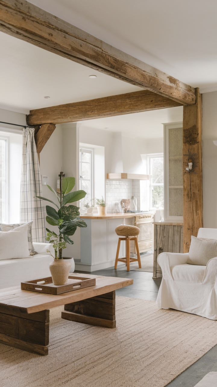 Rustic charm meets modern minimalism in this idyllic cottage retreat. A white sofa, grounded by a plush beige rug, invites relaxation beneath exposed wooden beams. Simple wooden accents and a touch of greenery complete the serene ambiance.
