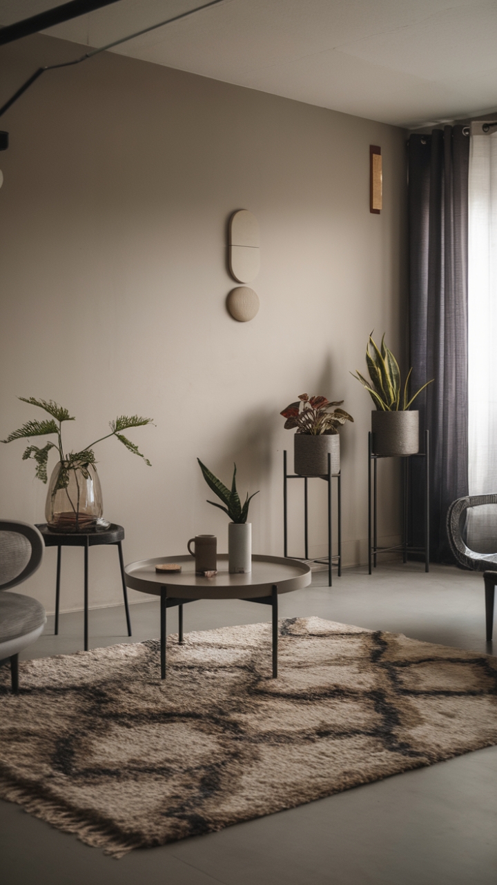 Unveiling a sanctuary of understated elegance: This contemporary living room masterfully blends minimalist design with pops of personality through a striking patterned rug and carefully curated accessories. The neutral palette creates a calming backdrop, allowing the unique textures and forms of the furniture to take center stage.