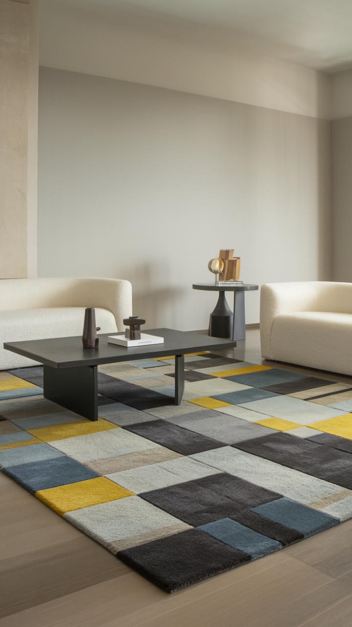 Modern minimalism meets luxurious comfort. A symphony of grey, blue, and yellow unfolds on a plush area rug, anchoring a pristine white sofa and sleek black coffee table. The light grey walls whisper serenity, creating a haven of sophisticated simplicity.