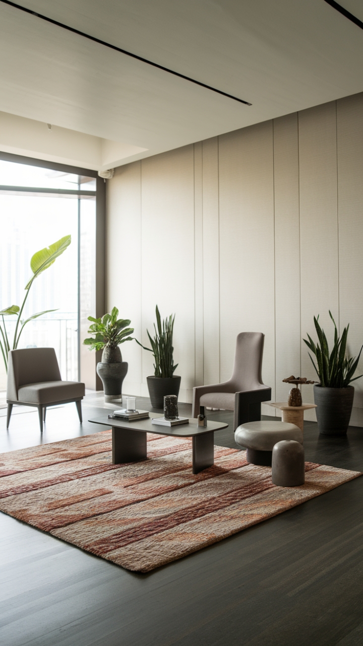 A stunning blend of modern elegance and minimalist charm defines this contemporary living room, where a plush area rug with a trendy pattern anchors the space atop a sleek wooden floor. The minimalist sofa and chic chairs create a cozy seating arrangement, while a stylish coffee table serves as a focal point. Light-colored walls amplify the room's airy feel, and the presence of potted plants introduces a touch of greenery, making this space not just a living area, but a stylish sanctuary that embodies contemporary design.