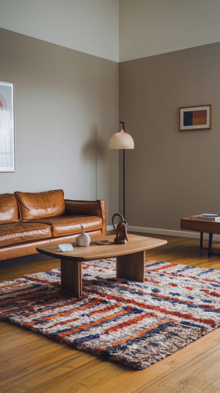 This contemporary living room exudes sophistication with its minimalist design and chic elements. The plush area rug, adorned with a trendy pattern, anchors the space beautifully against the warm wooden floor, while the sleek leather couch invites relaxation. A stylish wooden coffee table adds a touch of natural elegance, complemented by a modern floor lamp that casts a soft glow, enhancing the serene ambiance. The light gray walls provide a perfect backdrop, allowing the room's curated decor to shine with understated charm.
