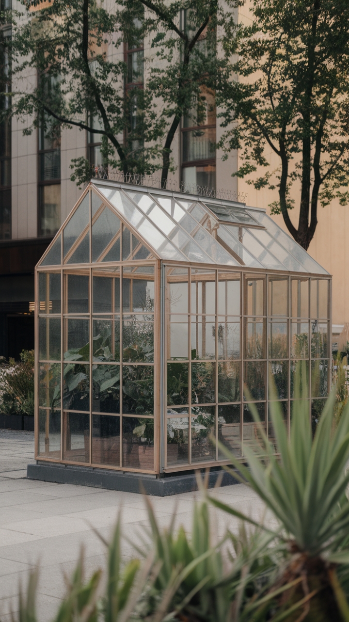 Nestled in an urban environment, this contemporary greenhouse showcases a striking minimalist design, featuring a transparent glass facade framed by warm wood that invites the outside in. Encircled by vibrant greenery, it stands as a testament to sustainable living, offering a refreshing escape from the concrete jungle. The backdrop of modern buildings and swaying trees adds depth to this serene sanctuary, making it a perfect blend of style and tranquility.