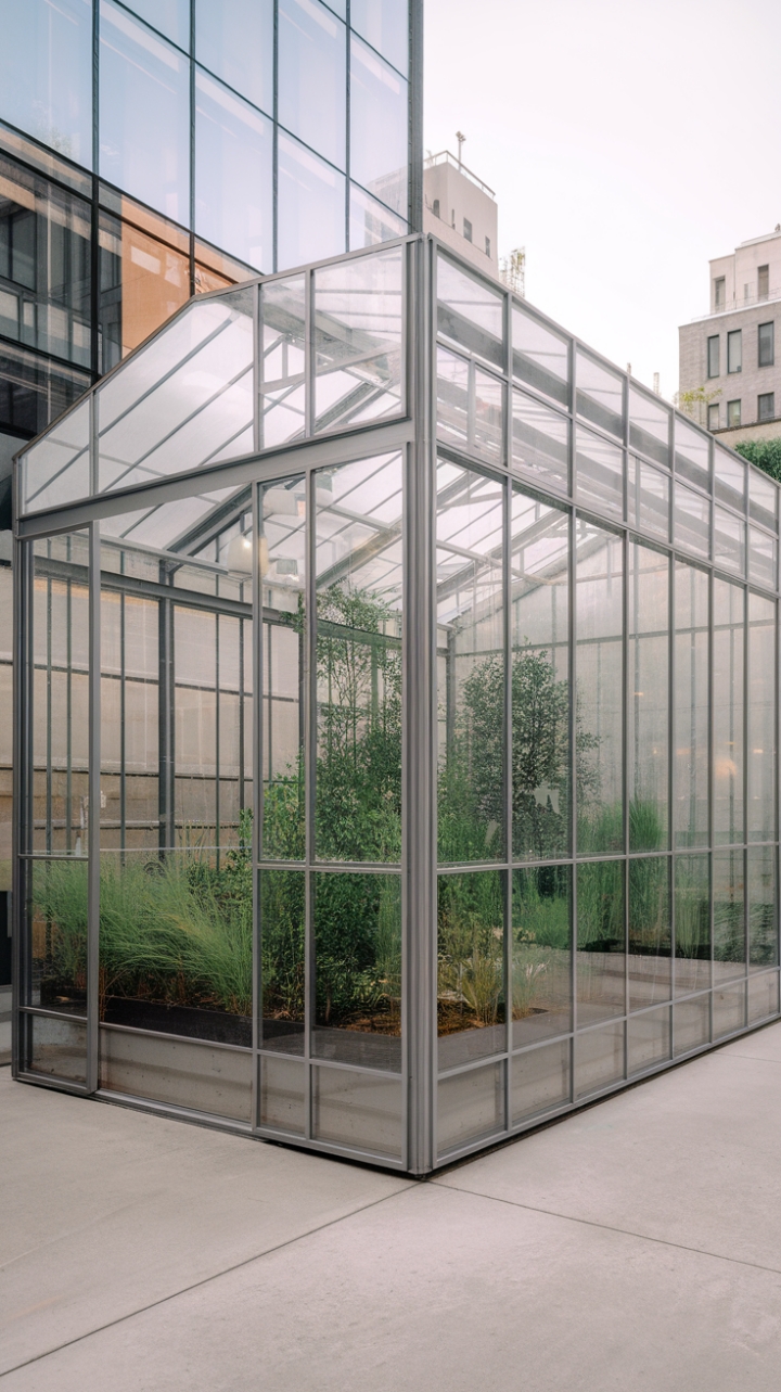 Concrete jungle, green heart: This architectural marvel seamlessly blends modern aesthetics with nature's embrace. The transparent walls of the greenhouse offer a captivating glimpse into a thriving indoor garden, a tranquil escape in the heart of the city.