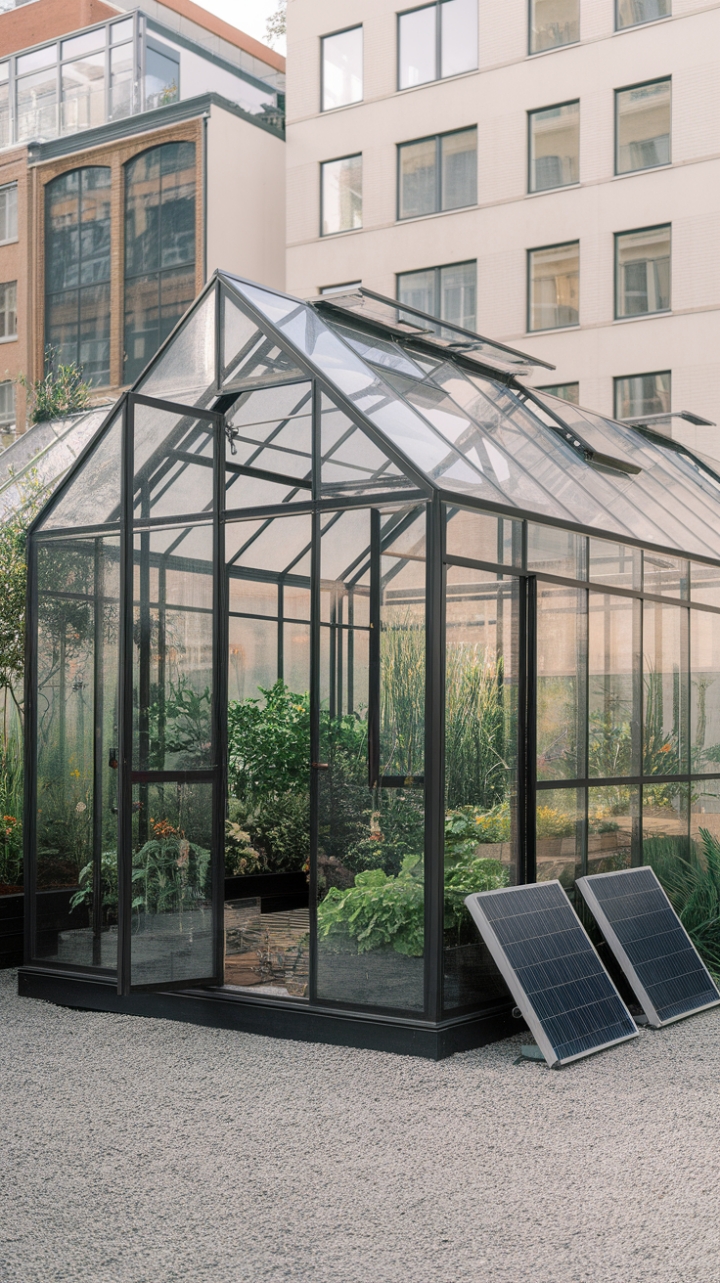 This stunning contemporary greenhouse redefines urban gardening with its sleek, minimalist design and high-tech features, seamlessly blending into the cityscape. Crafted from modern glasshouses, it invites natural light to dance across the lush greenery within, creating a vibrant oasis amidst the surrounding buildings. Solar panels adorn the exterior, showcasing a commitment to sustainability, while the gravel-covered ground adds a touch of rustic charm, grounding this eco-friendly haven in the heart of the urban environment.