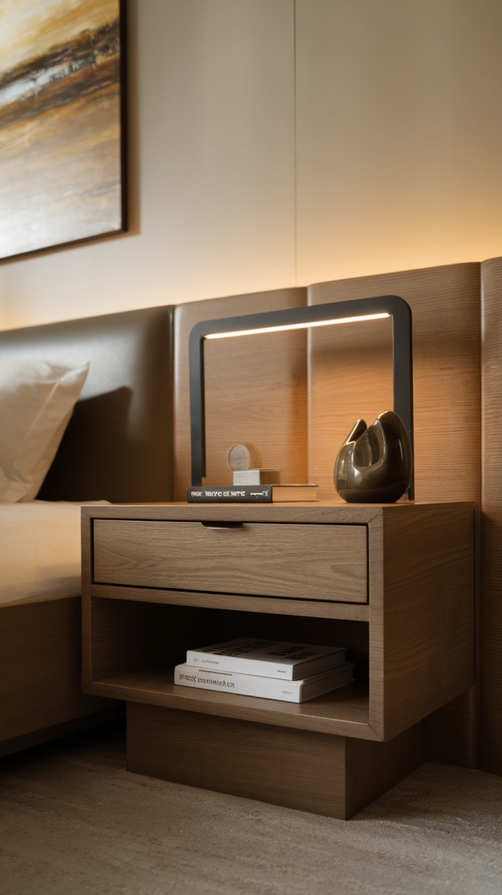 This modern nightstand embodies the essence of minimalist elegance, crafted from rich wood that adds warmth to the contemporary bedroom. Its sleek design features a convenient drawer and an open shelf, perfect for stowing away nighttime essentials or displaying a curated decorative item. Bathed in soft, inviting light, the nightstand is complemented by a stylish lamp that casts a gentle glow, while a captivating painting on the wall behind it adds a touch of artistic flair, creating a serene and sophisticated atmosphere.