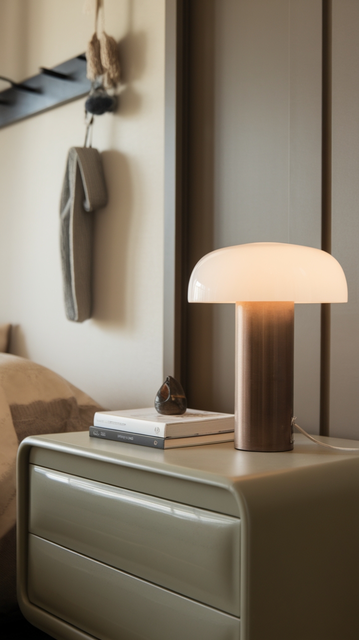 This contemporary nightstand embodies the essence of minimalist elegance, showcasing a sleek design that complements the modern bedroom aesthetic. Topped with a stylish lamp that casts a warm glow, a carefully chosen book invites quiet moments of reflection, while a small decorative object adds a touch of personality and charm. The backdrop, adorned with a few hanging accents and a door, creates a harmonious balance, making this space not just a room, but a serene retreat for restful nights and inspired mornings.
