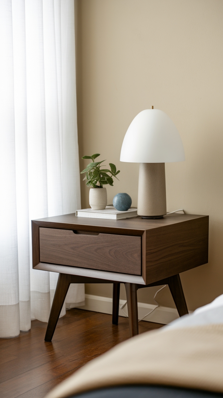 This modern nightstand, crafted from sleek dark wood, embodies minimalist elegance in a contemporary bedroom setting. Its clean lines and single drawer provide both functionality and style, while the flat surface showcases a charming arrangement of a crisp white lamp, a vibrant small plant, and a striking blue object that adds a pop of color. The warm beige wall and soft white curtain create a serene backdrop, perfectly complementing the rich tones of the hardwood floors and enhancing the overall tranquility of the space.