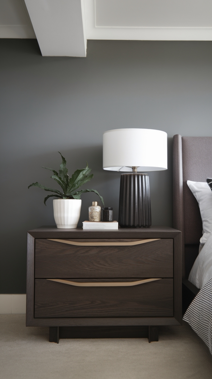 The sleek, minimalist design of this nightstand captures the spirit of contemporary living, featuring a dark wood finish that adds depth to the modern bedroom. Flanking the bed, it boasts two drawers for discreet storage, while the thoughtfully arranged decor-a chic white lamp, a lush potted plant, and a selection of stylish accents-infuses the space with character. The subtle interplay of the grey walls and white ceiling enhances the nightstand's striking presence, creating a tranquil retreat that invites relaxation and style.