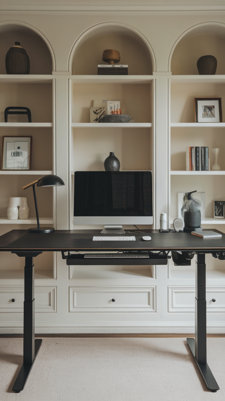 Sculpt your ideal workspace with this stunning adjustable desk. Clean lines, a neutral palette, and thoughtfully chosen accessories combine to create a haven of focus and sophistication. The perfect blend of form and function for the modern professional.