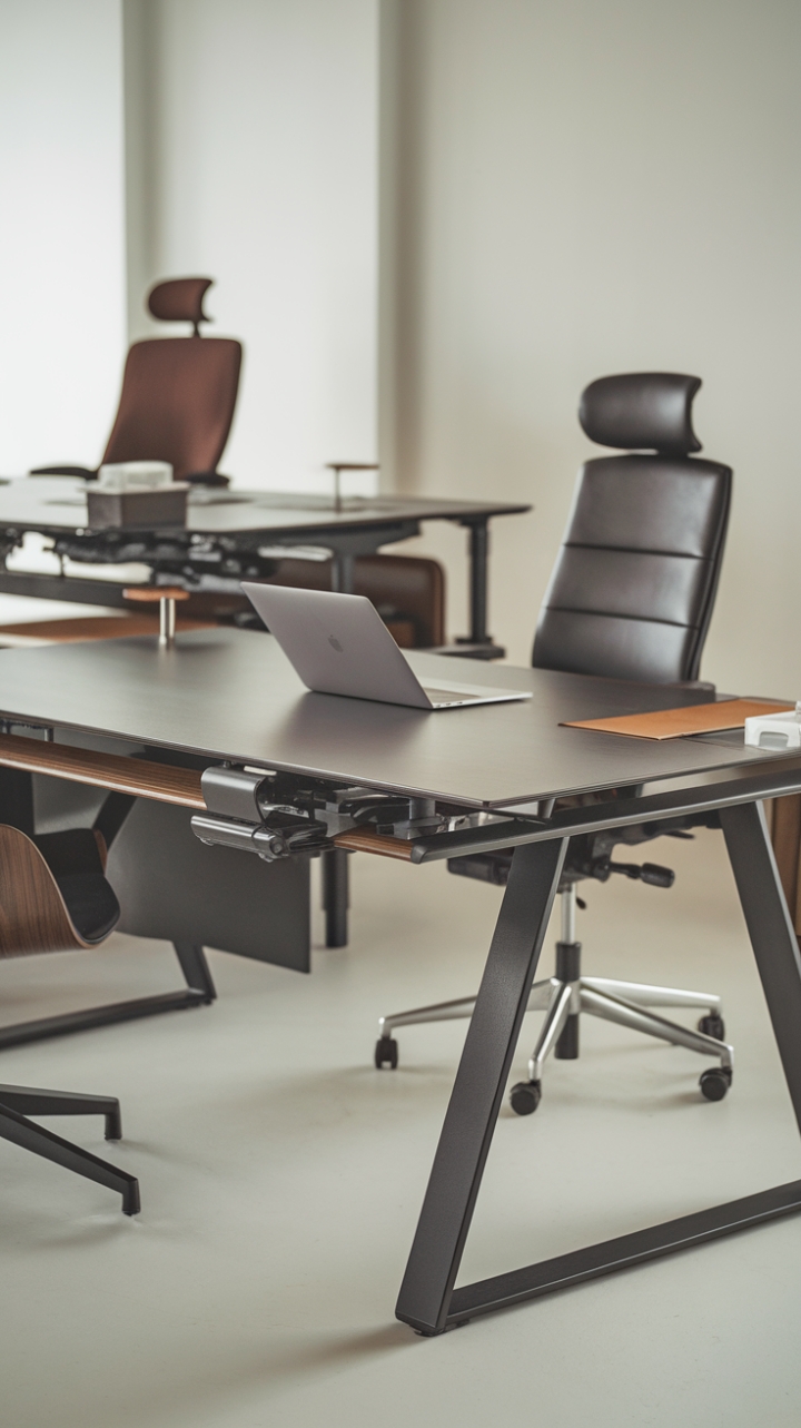 Command your workday from this sleek, dark wood desk-its adjustable height ensures optimal comfort and posture, while the minimalist design keeps your focus sharp. The perfect blend of form and function for the modern professional.