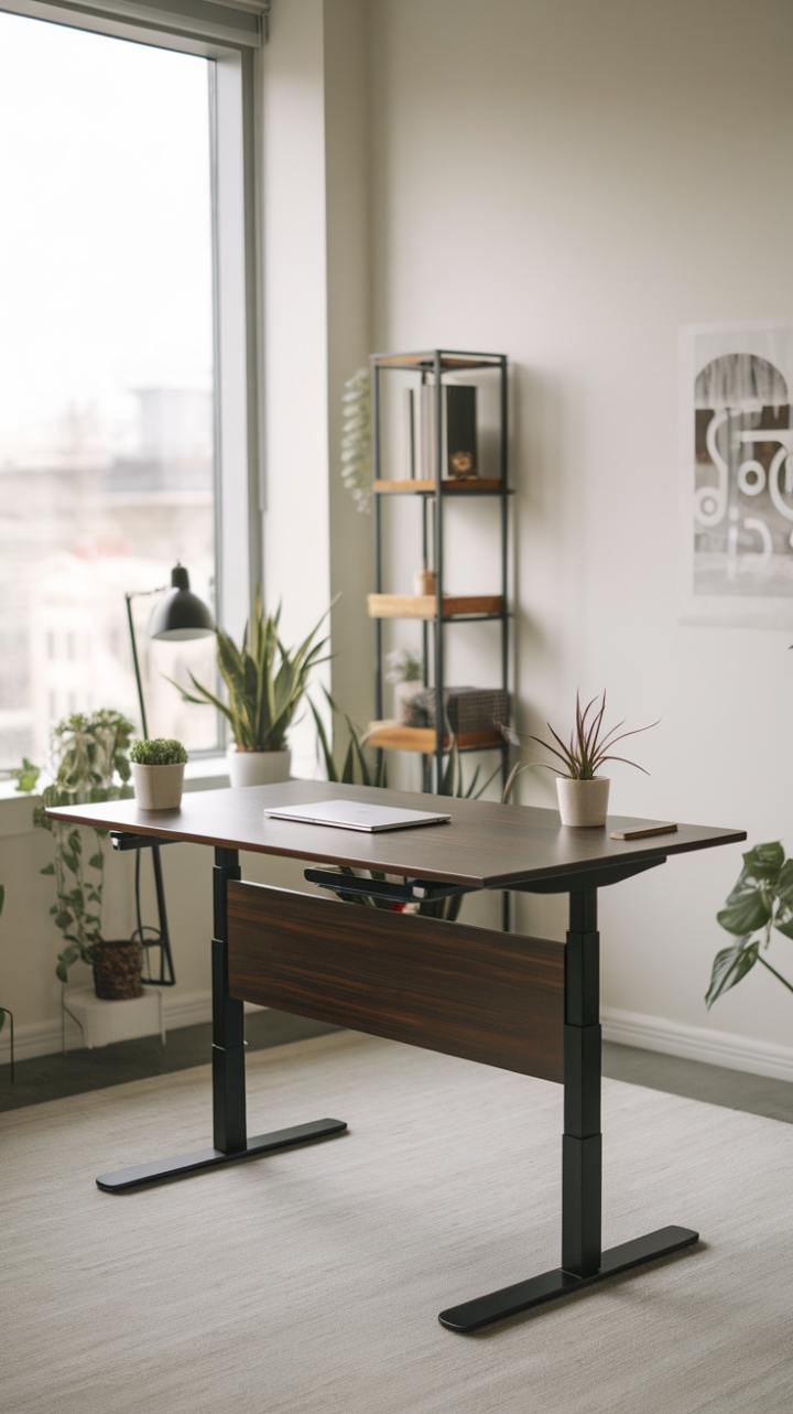 This modern workspace exudes sophistication with its sleek dark wood desk, designed for both style and functionality. The adjustable height feature allows for a seamless transition between sitting and standing, while the laptop stand promotes an ergonomic setup. Surrounded by a minimalist aesthetic, the room is adorned with a few carefully placed plants that bring a touch of nature indoors, complemented by a chic lamp and a small shelf for added organization. The crisp white walls and expansive window framing a vibrant cityscape create an inspiring backdrop, making this workspace a perfect blend of productivity and tranquility.